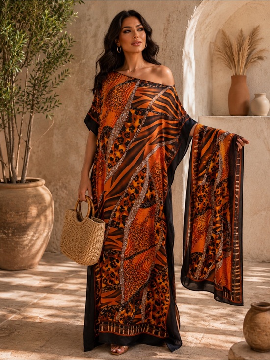 Dresses & Skirts - Luxury Animal Print Kaftan Maxi Dress Set w/ Matching Scarf Boho Resort Glam